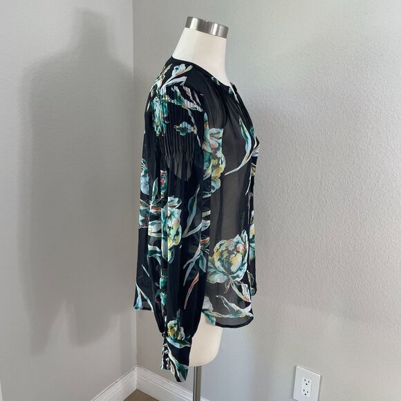 Chicos Womens 10 Blouse Sheer Black Floral Long Sleeve Button Up Shirt Top - Picture 4 of 11